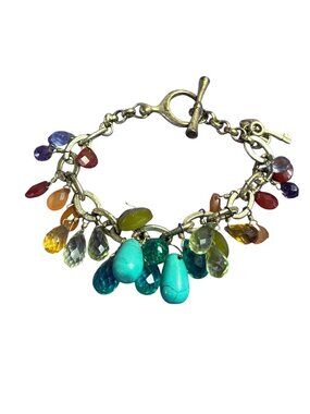 Fossil Beaded Fringe Charm Bracelet Glass Dyed Howlite Silvertone Toggle Clasp